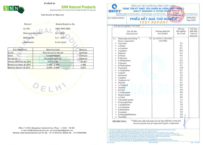 giấy chứng nhận tinh dầu gừng
