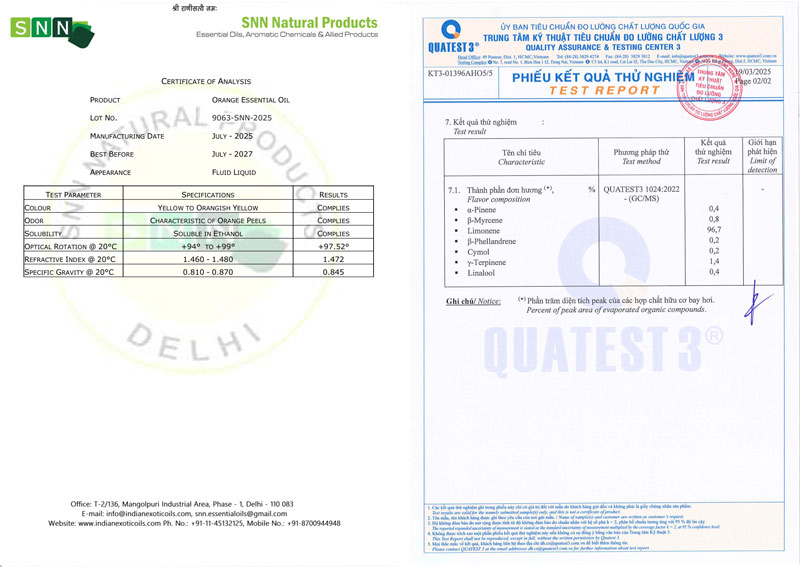 COA và kiểm nghiệm tinh dầu cam ngọt